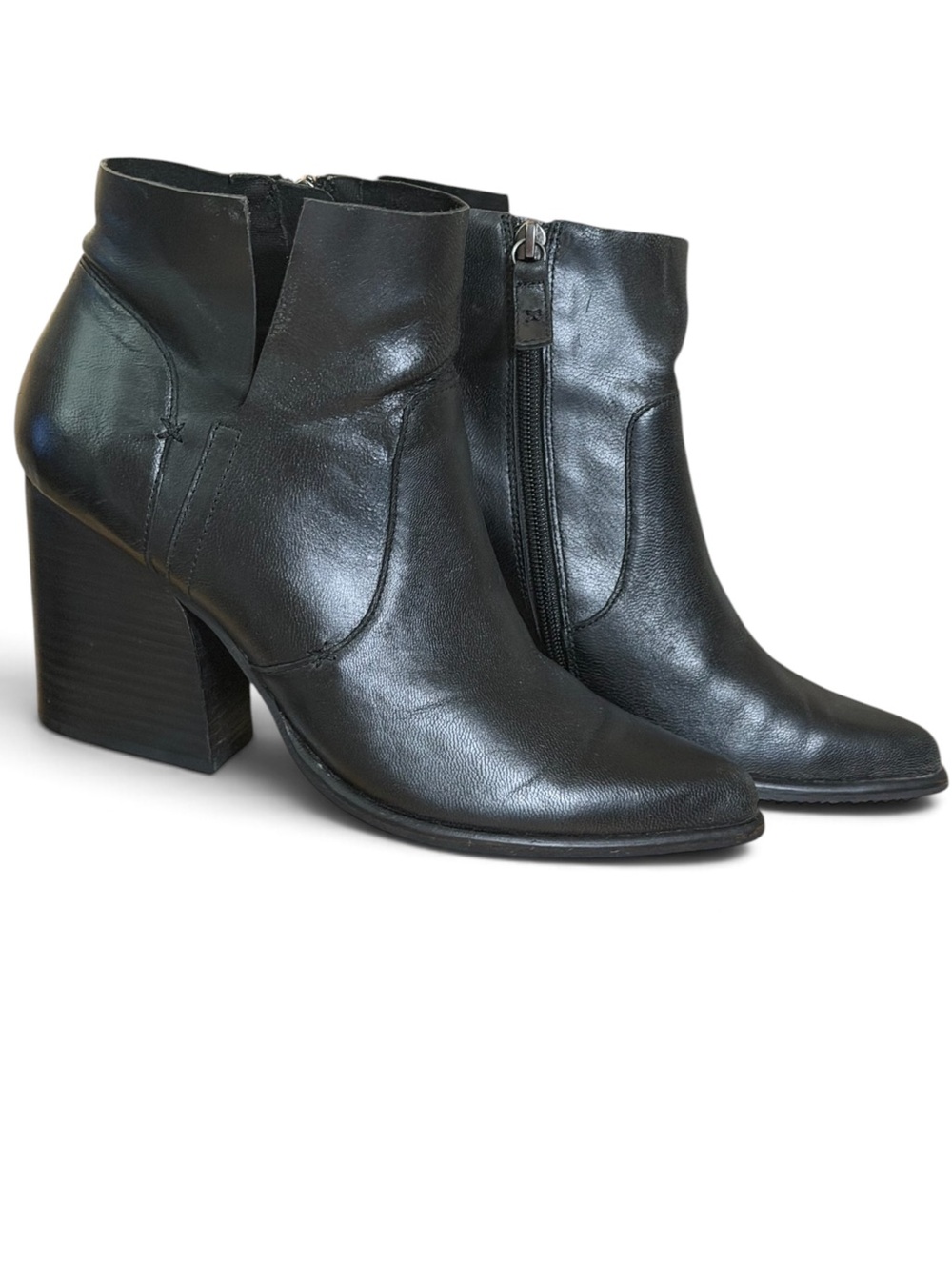 Kelsi Dagger Brooklyn Calvin Black Leather Boots V Cut Stacked Heel Ankle Bootie